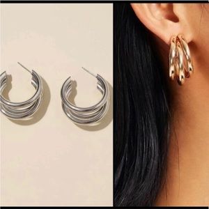 🆕 trio half hoop silver stud back chic earrings